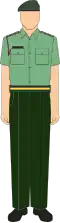 No. 3 Dress of the Malaysian Army is the generic working dress for personnel inside their bases. The stable belt identifies the wearer's unit; this image shows the belt of the Royal Malay Regiment.