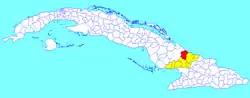 Manatí municipality (red) within Las Tunas Province (yellow) and Cuba