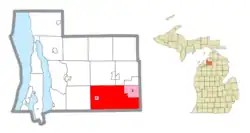 Location within Antrim County and the administered village of Mancelona (1) and portion of Lakes of the North community (2)