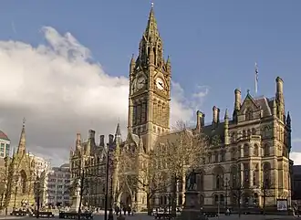 A grand gothic revival building as viewed from afar, with a gothic revival clock tower stretching high into the sky. Trees partially obstruct the view and the sky is clear with some clouds.