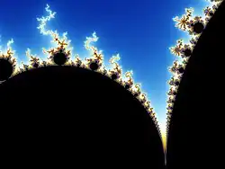 Image 3Partial view of the Mandelbrot set. Step 1 of a zoom sequence: Gap between the "head" and the "body" also called the "seahorse valley".