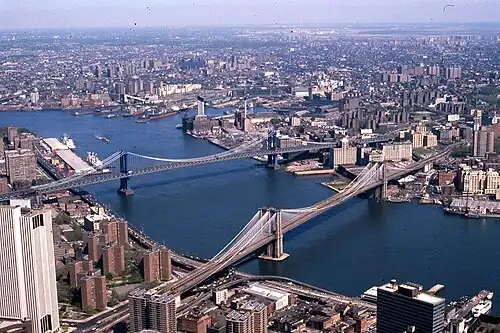 Manhattan Bridge (top) and Brooklyn Bridge (bottom); Manhattan is on the left, Brooklyn on the right (1981)