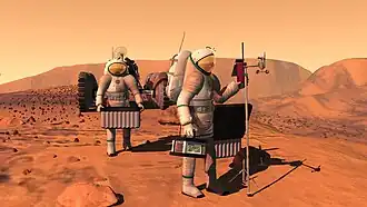 Concept art by NASA of two people in suits on Mars setting up weather equipment.[22]