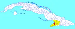 Manzanillo municipality (red) within Granma Province (yellow) and Cuba