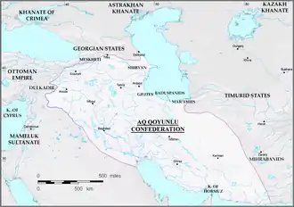 The Aq Qoyunlu confederation at its greatest extent under Uzun Hasan in 1478