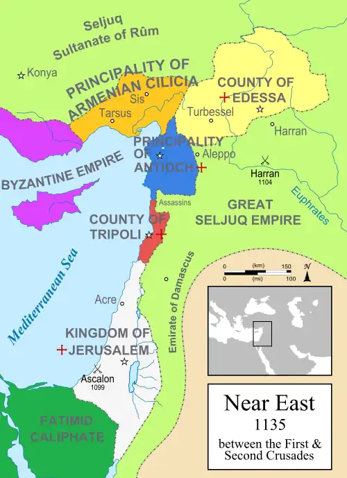 Map depicting the four Crusader states, and the neighbouring Christian and Muslim powers