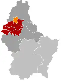 Map of Luxembourg with Eschweiler highlighted in orange, and the canton in dark red