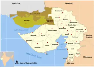 Map of Gujarat showing the Little Rann of Kutch and Great Rann of Kutch