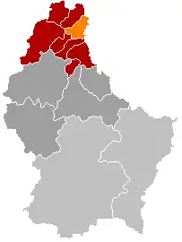 Map of Luxembourg with the former commune of Heinerscheid highlighted in orange, and the canton in dark red