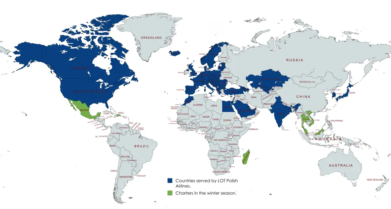 Countries served by LOT as of May 2025