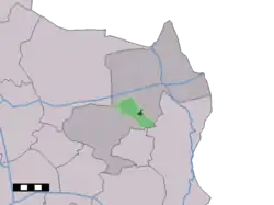 The village centre (dark green) and the statistical district (light green) of Rossum in the municipality of Dinkelland.