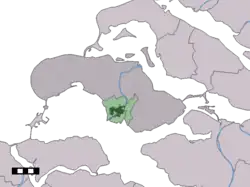 The town centre (dark green) and the statistical district (light green) of Zierikzee in the municipality of Schouwen-Duiveland.