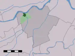 The village centre (dark green) and the statistical district (light green) of Ameide in the former municipality of Zederik.