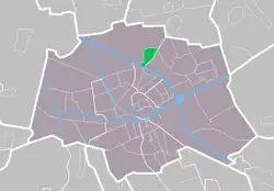 Highlighted position of Noorderhoogebrug in a municipal map of Groningen