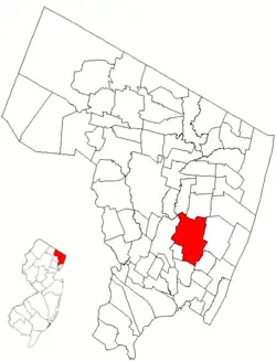 Location of Teaneck in Bergen County highlighted in red (right). Inset map: Location of Bergen County in New Jersey highlighted in red (left).