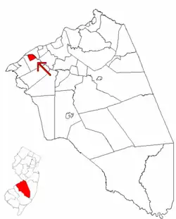 Location of Riverside Township in Burlington County highlighted in red (right). Inset map: Location of Burlington County in New Jersey highlighted in red (left).