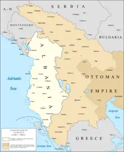 Map of the de jure boundaries of Albania according to the London Conference (1913) in white
