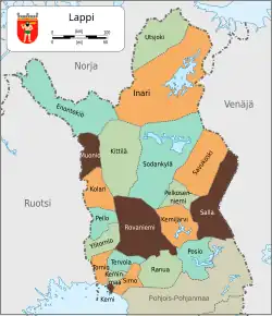 Map of Finland’s Lapland region with municipal boundaries and names labeled.