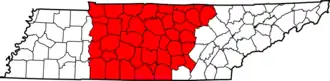 The counties of Tennessee highlighted in red that are designated part of Middle Tennessee.