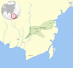 Modern approximation of the location of Nan Sarunai in today's South Kalimantan, centered in present-day North Hulu Sungai Regency