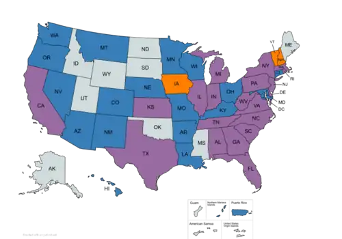 A multicolored map of UNICEF club locations by state in the United States