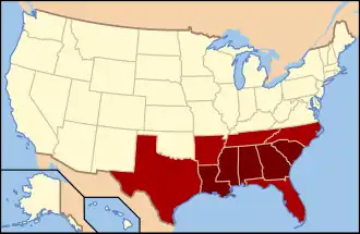 States in dark red compose the core of the Deep South. Those in lighter red have portions that are sometimes included.
