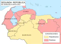 Yellow - pro-independence patriots Red - pro-monarchy royalists
