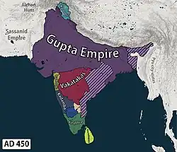 Map of the territory of the Traikutakas (in yellow), along with their contemporaries, especially the Kadambas, the Vakatakas and the Gupta Empire.