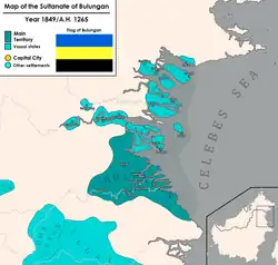 Map of the Sultanate of Bulungan (colored dark teal) and its vassals (light teal) in 1849.