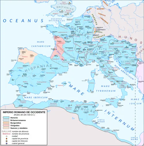 The Western Roman Empire in AD 418, following the abandonment of Britannia and the settlement of the Visigoths, Burgundians, and Suebi within imperial territory as foederati