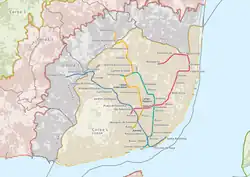 Lisbon Metro network in July 2012, after the Oriente–Aeroporto segment of the Red Line opened.