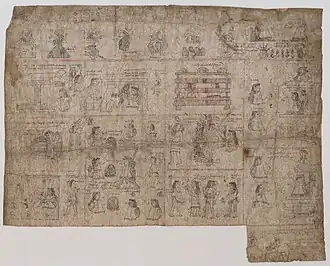 A page for a 16th-century manuscript painted by the Aztecs; some of the paint has fallen off due to its age. It depicts a variety of crimes and their respective punishments in different squares.