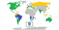 Map of the Community of Portuguese Language Countries; member states (blue), associate observers (green), and officially-interested countries & territories (gold)