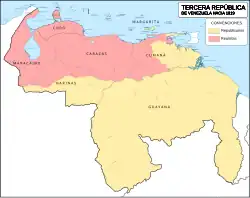The Third Republic of Venezuela: Yellow - republicans Red - royalists