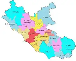 Ecclesiastical map of Lazio; S.S. (sede suburbicaria) Ostia is to the west of Rome.