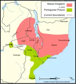Maravi land, in and around present-day borders of Malawi. It includes places labelled Kalonga, Undi, Lundu, and Uticolo, as well as Mozambique island. To its south, Portuguese Prazos includes several cities. Karanga is also to the south, while Yao is to the north.