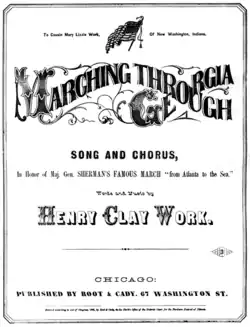 The sheet music cover of "Marching Through Georgia", with a graphic of the song title and author name, and other generic information about the song