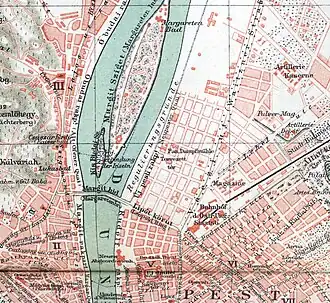 1890 – before the Bridge was connected to Margaret Island; future Újlipótváros streets are shown