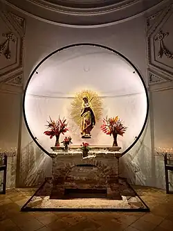 Mater Dolorosa (1855) in the Marian Chapel (2024) of St Michael’s, Munich, a key site of Catholic resistance to Nazism through Rupert Mayer SJ. The damaged base of the original altar, lost in WWII, links Mary’s sorrow to the church’s own “scar of war”.
