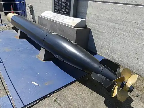 Mark 14 torpedo displayed in front of USS Pampanito