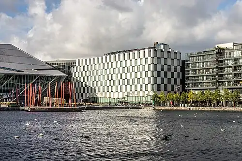 The Marker Hotel and Daniel Libeskind's Grand Canal Theatre, now known as the Bord Gáis Energy Theatre, in the Silicon Docks