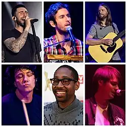 Lineup of Maroon 5 since 2020. Clockwise, from top left: Adam Levine, Jesse Carmichael, James Valentine, Matt Flynn, PJ Morton, Sam Farrar
