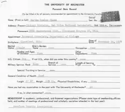 The file with personal data of Martha Chase as an employee of the University of Rochester: researchers point out that the line "wife's maiden name" illustrates the gender inequality of the time, as it implies that the research assistant will be only a man.