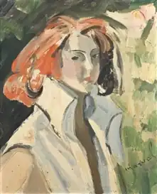 Nude woman with a bob haircut standing balanced on her let leg before flowering trees.
