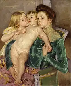 A painting of a nude girl toddler, held by a woman, being kissed on the cheek by a girl