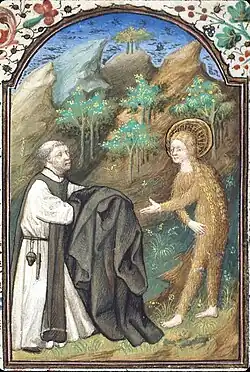 Illumination from the Dunois Master of Mary of Egypt being handed a cloak by Zosimas, French, 15th century (British Library)