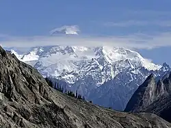 The south face of Masherbrum (7,821 m), formerly known as K1, as seen from the road to Hushe