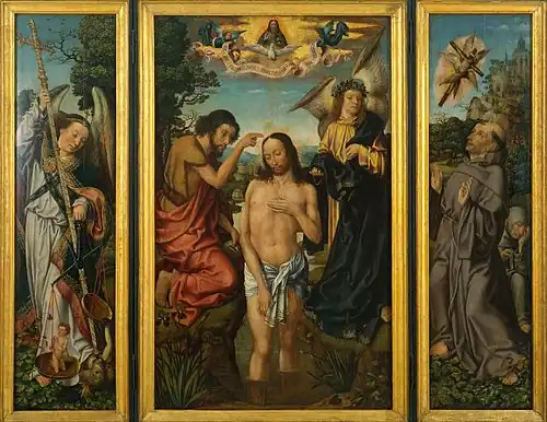 Master of Frankfurt, Triptych of the Baptism of Christ, Oil and gold leaf on wood, 169.2 x 213.5 x 5.5&nbsp;cm, Museu Nacional d'Art de Catalunya, MNAC.