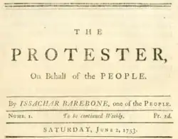 Masthead reading “THE PROTESTER. On Behalf of the People.” dated 2 June 1753