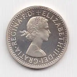 A 1982 Maundy fourpence; like all Elizabeth II Maundy pieces, it bears an obverse design by Mary Gillick which had long-since been replaced by other designs for circulating coins.